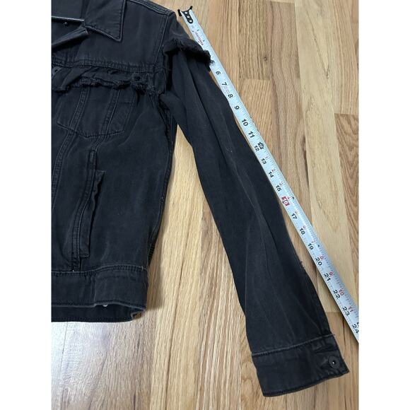 PAIGE RUFFLE HEIDI DENIM JACKET IN NIGHTINGALE BLACK Small Raw Edge Jean Womens - Picture 9 of 10